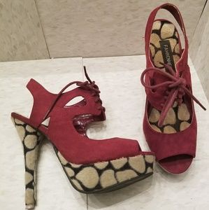 Faux suede and calf hair heels
